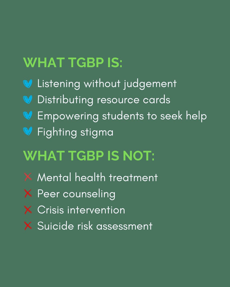 The Green Bandana Project empowers students to support each other. By wearing a green bandana, our students show they're a safe, approachable person who knows how to connect peers with mental health resources.

Want to bring TGBP to your school? Visit thegreenbandanaproject.org.