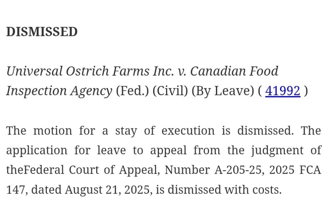 BREAKING; SCC decision on the avian flu ostrich farm: dismissed with costs.