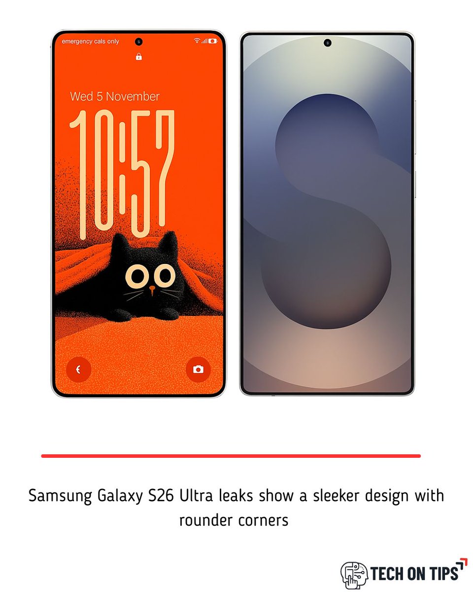 TechonTips24's tweet image. Samsung Galaxy S26 Ultra could arrive with smoother, more rounded corners — marking a fresh design shift for the 2026 flagship lineup. 
Expected launch: February 2026.
#Samsung #GalaxyS26Ultra #SamsungGalaxy #TechNews #SmartphoneLaunch #GalaxyS26 #MobileDesign #TechUpdate
