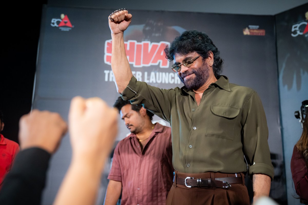 AnnapurnaStdios's tweet photo. The aura. The style. The swag. 🔥

A few candid pictures of our King @iamnagarjuna at #Shiva4KTrailer Launch 😍

Full Event — https://t.co/oC2TN8PQbN

#SHIVA4K in cinemas from NOVEMBER 14TH, 2025 in 4K DOLBY ATMOS. 

#50YearsOfAnnapurna #ANRLivesOn #SHIVA

@RGVzoomin @amalaakkineni1 @ilaiyaraaja @AnnapurnaStdios #SGopalReddy @adityamusic