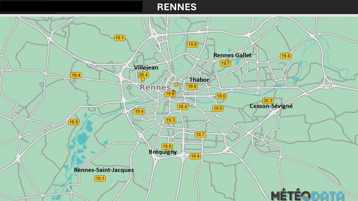 #Bretagne #Rennes 
En ce 6 novembre 2025, le seuil des 20°C a été franchi à Cesson-Sévigné ainsi que dans le quartier de Rennes Villejean. Des observations par quartiers disponibles sur notre réseau météodata via <a href="/meteoconcept/">Météo Concept</a>