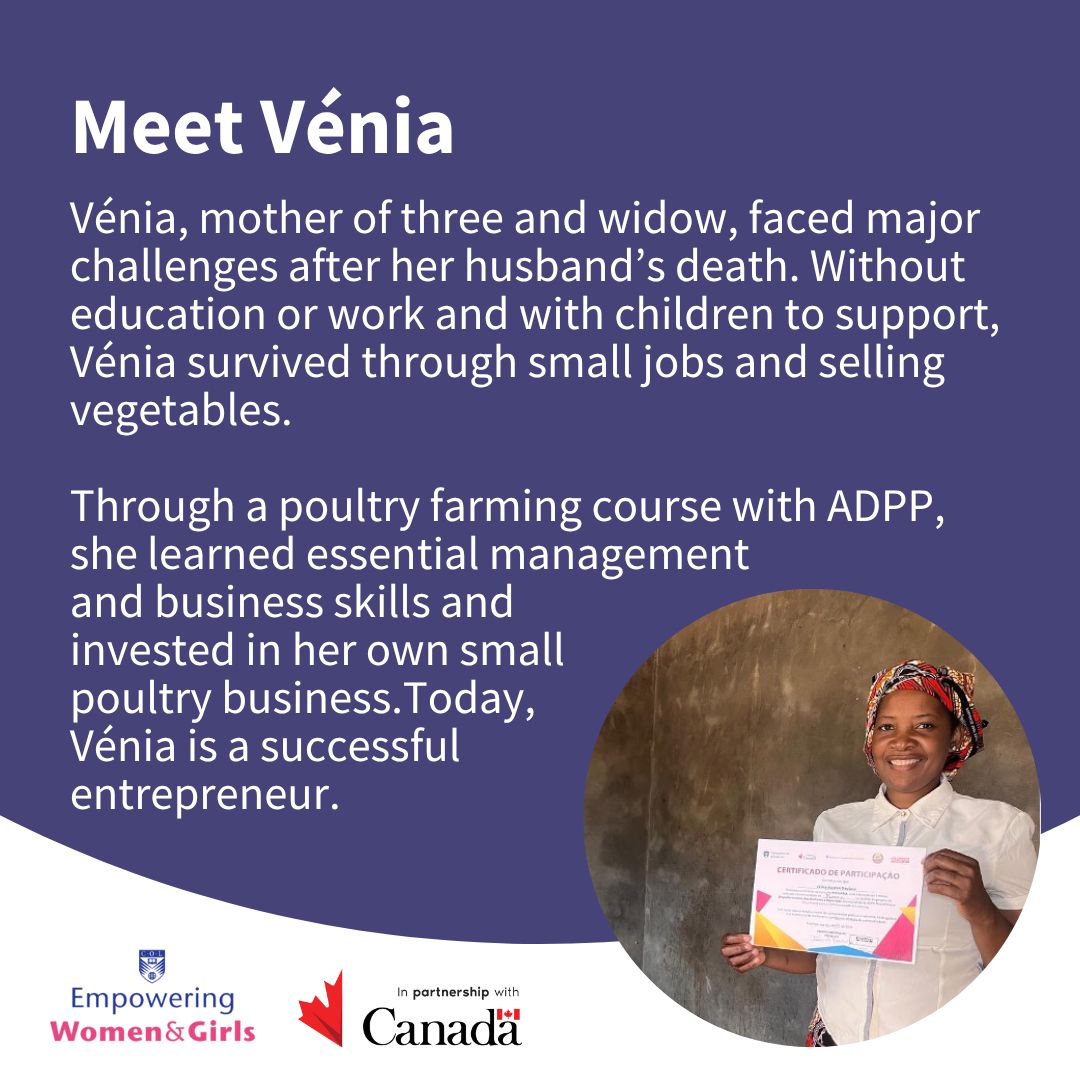 Vénia faced major challenges after her husband’s death, when his family took everything from her. Without education or work and with children to support, she survived through small jobs and selling vegetables. Today, she is a successful entrepreneur, providing for her family.