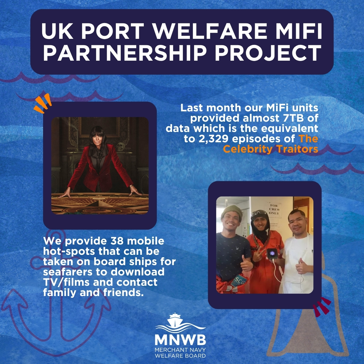 Last month our MiFi units provided enough data to stream 2,329 episodes of #CelebrityTraitors! 🎬

The UK Port Welfare MiFi Project connects seafarers with family, friends &amp; entertainment at sea. Learn more 👉 mnwb.org/projects/