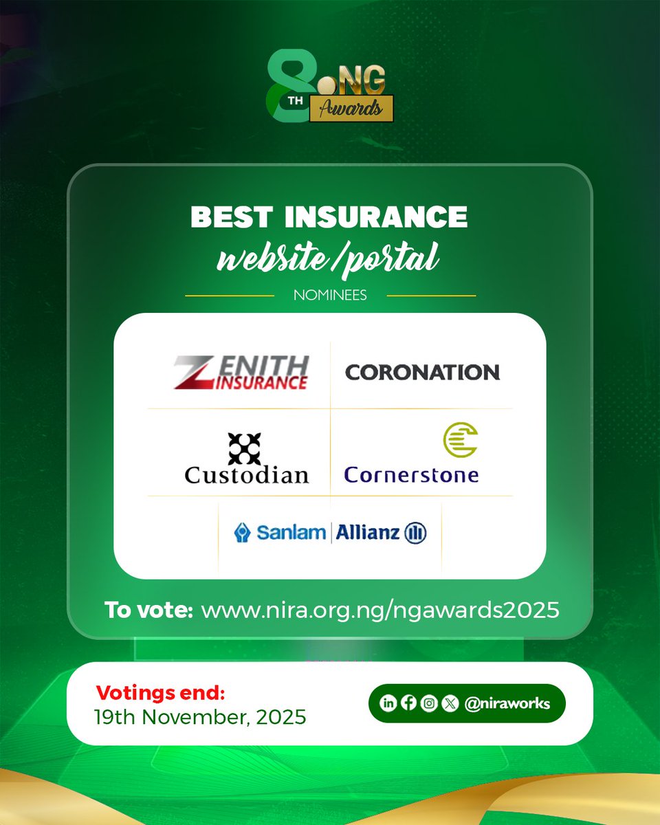 niraworks's tweet image. Meet the nominees for Best Insurance Website Portal/Website; @coronation_ng, @zenithinsuranceng, @CustodianInsur, @cornerstone_ng , @SanlamAllianzNG. 
Vote your favorite organization nira.org.ng/ngawards2025