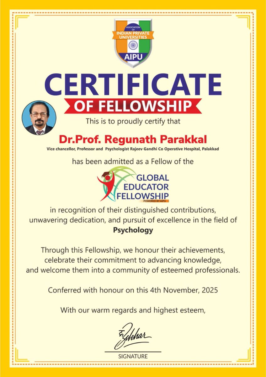 Brainae_'s tweet photo. Congratulations to Dr. Prof. Regunath Parakkal, Vice Chancellor of Brainae University, on receiving the Global Educator Fellowship from AIPU!

A recognition of his outstanding contribution to Psychology and higher education leadership.

#BrainaeUniversity #GlobalFellowship https://t.co/4NbKqUoJGt