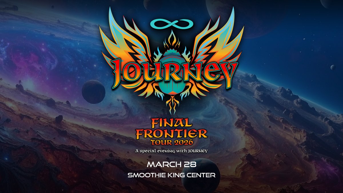 SmoothieKingCtr's tweet image. New Orleans, @JourneyOfficial is coming to Smoothie King Center on March 28th, 2026 for their FINAL FRONTIER TOUR! Tickets go on sale Friday, November 14 at 10AM — don’t miss their final tour. 🌟
 
#SmoothieKingCenter | #Journey | #FinalFrontier