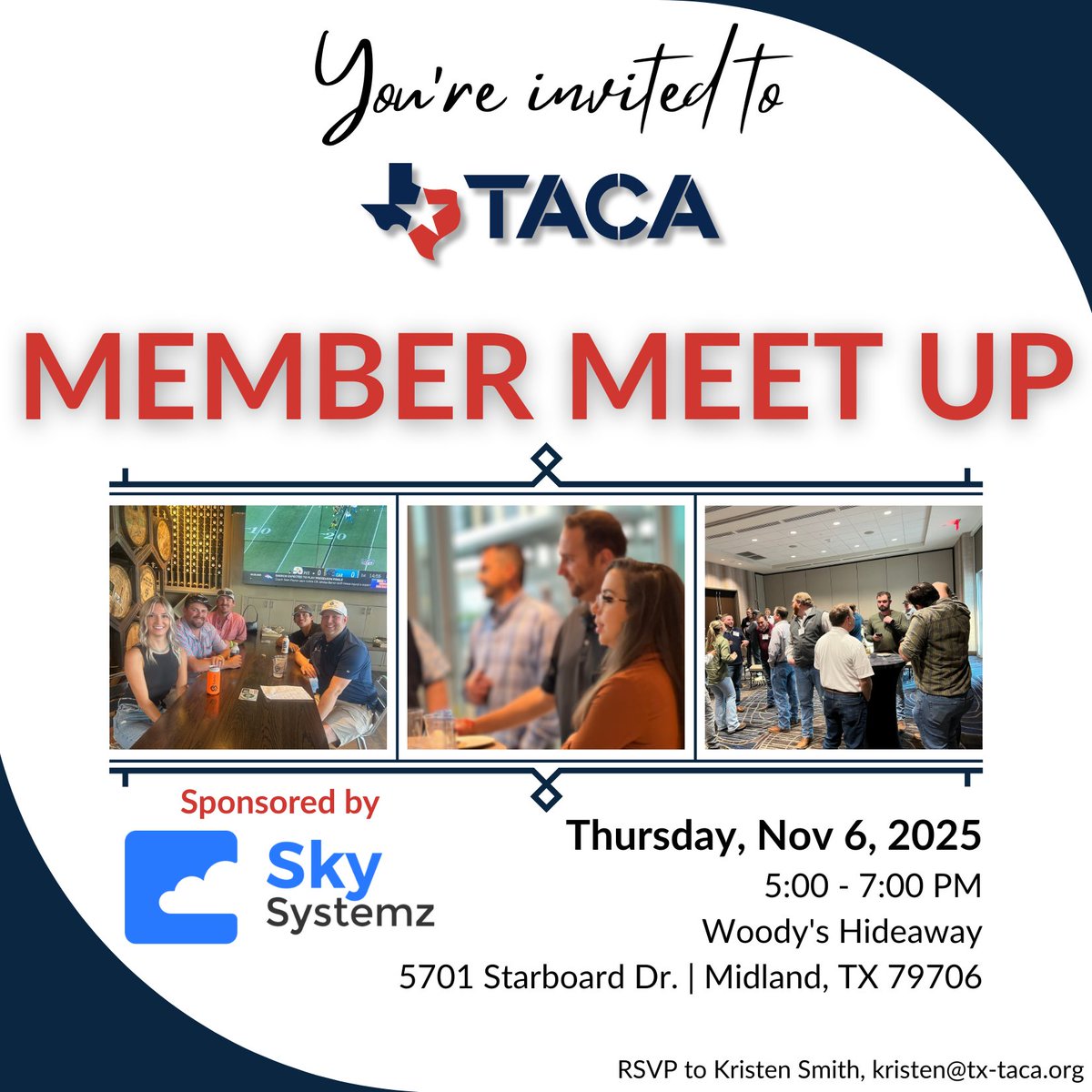 📢 Join us for the West Texas Member Meet-Up tonight!
TACA &amp; West Texas friends — we can’t wait to see you at #WoodysHideaway in Midland for networking, good vibes, and great company! Details below.

💻More events: tx-taca.org/calendar_list.…

#Networking #WestTexas #MidlandTX