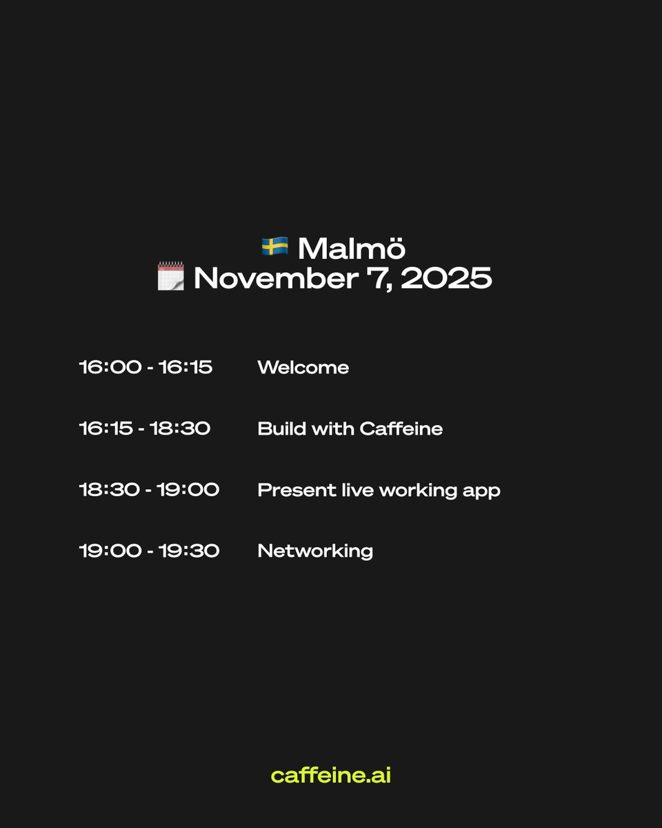 Get ready for tomorrow, Sweden

7th November - Caffeine is in Malmö

1) ​Bring your laptop
2) Have your app idea ready
3) Get prompting

More info here: luma.com/sqpr0le3