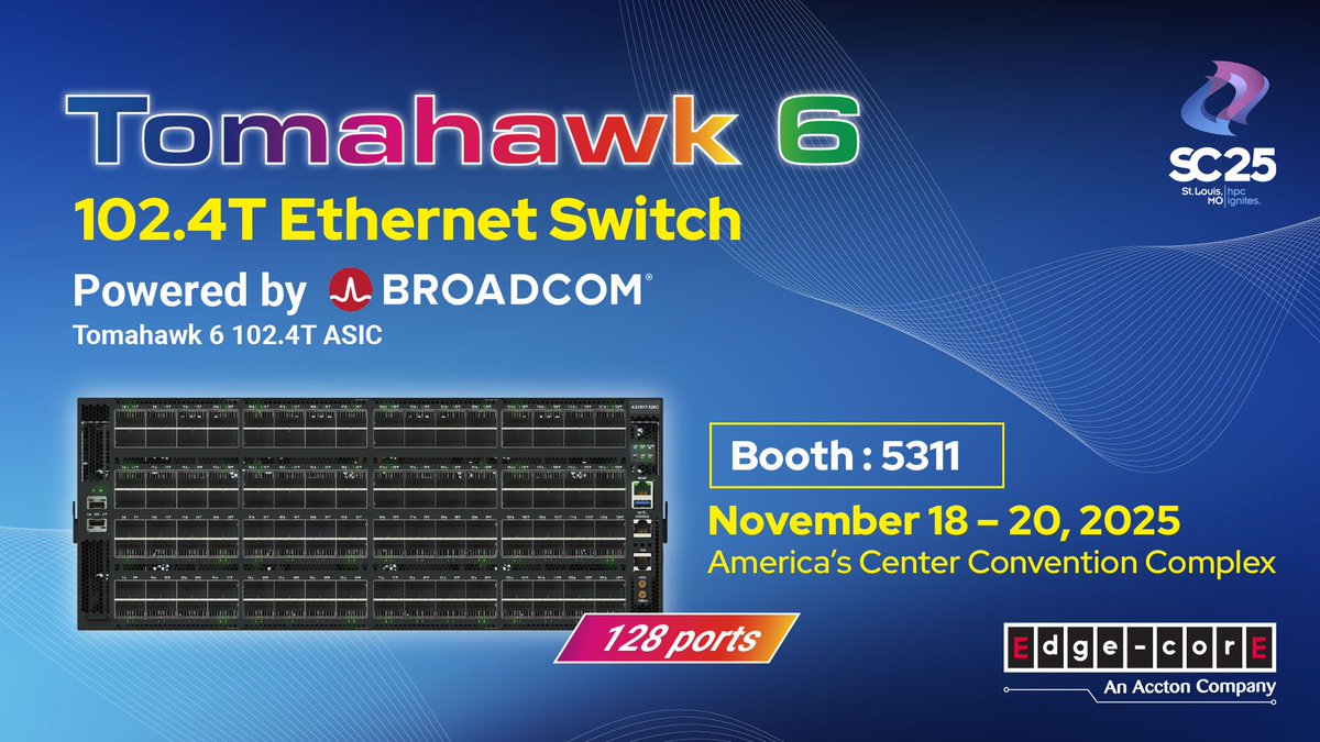 EdgecoreNetwork's tweet image. After a great #OCPGlobalSummit, #Edgecore is heading to #SC25! 🚀See how Broadcom’s Tomahawk® 6 delivers more than 102Tbps of bandwidth and our composable GPU and CXL based compute are redefining what’s possible in IT.
#Tomahawk6 #OpenNetworking #AIInfrastructure #HPC #datacenter