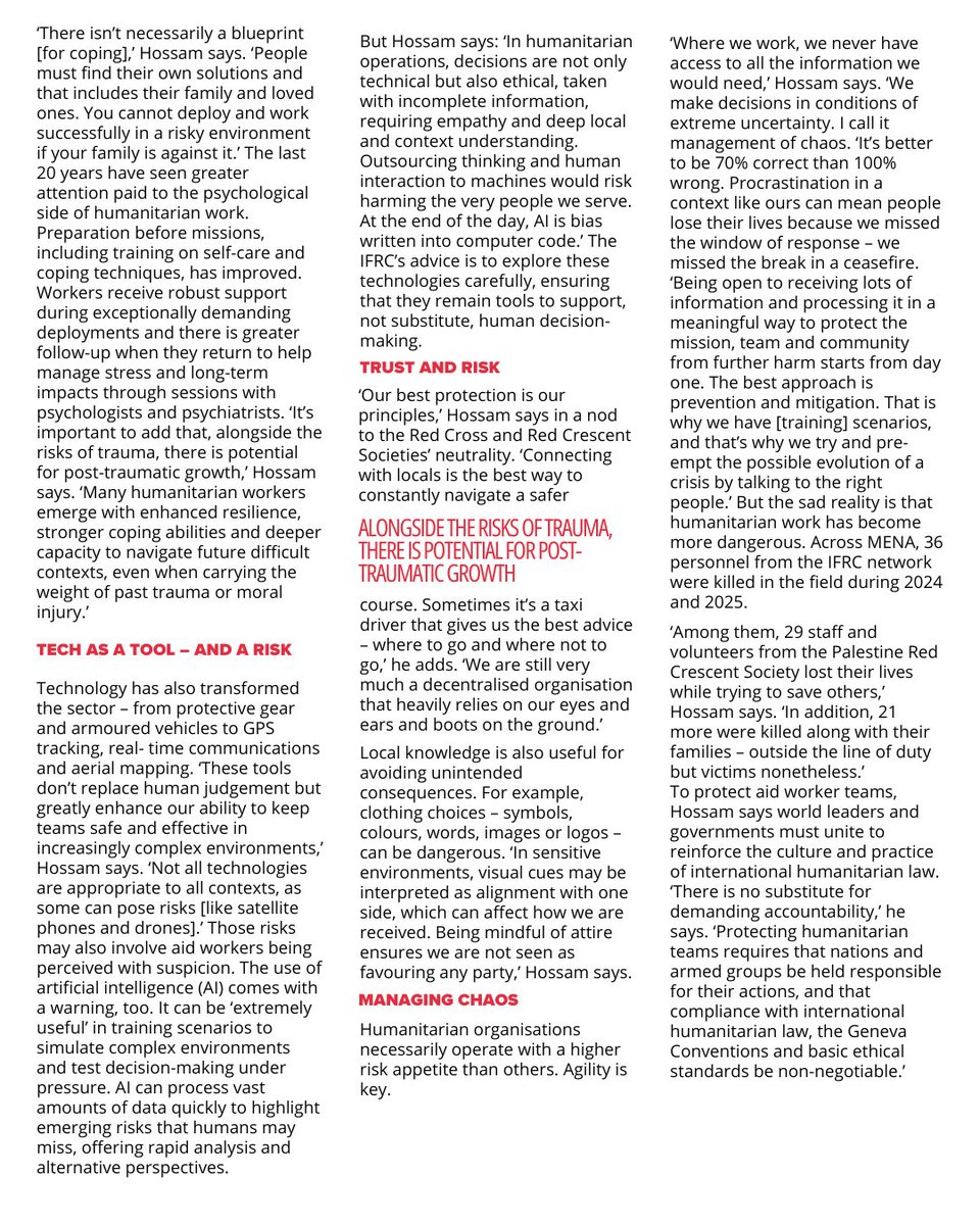 "In humanitarian work, our best protection is our principles; technology may process data and support our work, but it can never replace human judgment or empathy", says <a href="/elsharkawi/">Hossam Elsharkawi حسام</a> in an interview with <a href="/IOSHmagazine/">IOSH magazine</a>.

🔗bit.ly/49DRt04