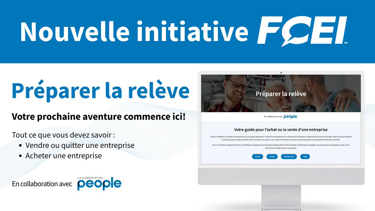 📢 GRANDE NOUVELLE pour les entrepreneurs!

La FCEI, en collaboration avec la Corporation People, a lancé Préparer la relève, une nouvelle ressource pour aider les propriétaires de PME à planifier leur avenir. Que vous vendiez, transfériez ou achetiez une entreprise, Préparer la