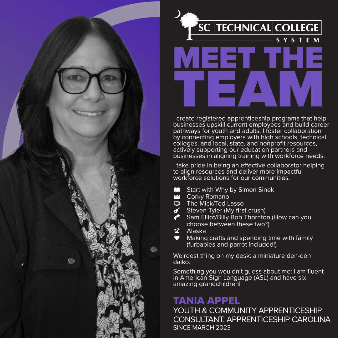 SCTechSystem's tweet image. It’s our people who set us apart. Meet the talented team ensuring affordable, accessible, and relevant career and technical education for all South Carolinians!

Presenting Apprenticeship Carolina Youth &amp;amp; Community Apprenticeship Consultant, Tania Appel.

#MeetTheTeam