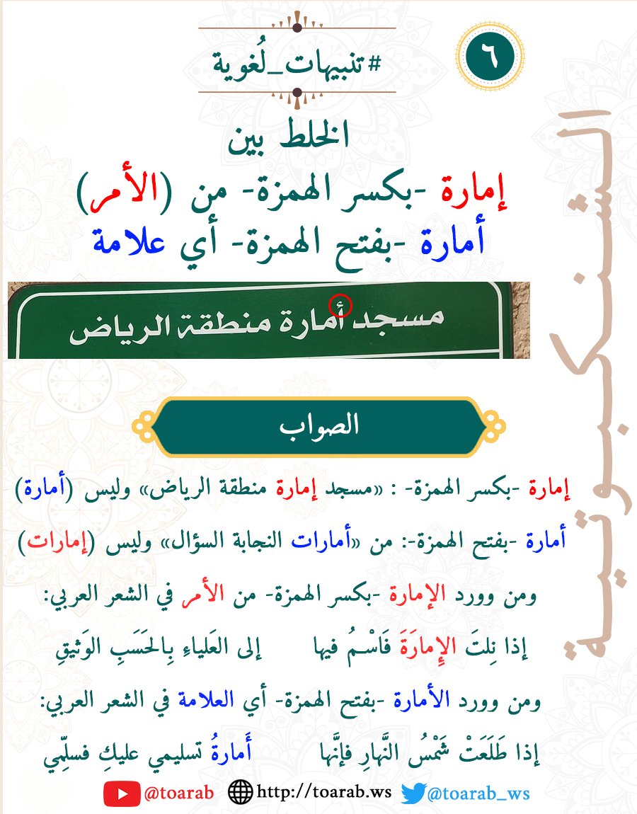 toarab_ws's tweet photo. تنبيهات لغوية (٦)

الخلط بين
إمارة -بكسر الهمزة- من (الأمر)
أمارة -بفتح الهمزة- أي علامة
مسجد أمارة منطقة الرياض = خطأ
الصواب
إمارة -بكسر الهمزة- : «مسجد إمارة منطقة الرياض» وليس (أمارة)
أمارة -بفتح الهمزة-: من «أمارات النجابة السؤال»وليس (إمارات)
البقية:
https://t.co/xglDHoMSyt https://t.co/7KmMERw9sV