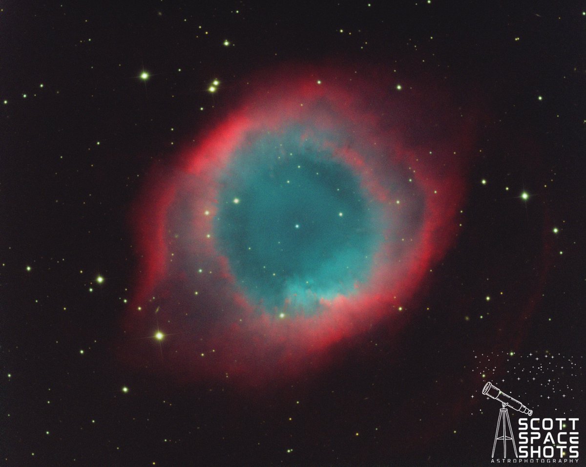 ScottSpaceShots's tweet photo. This is the Helix Nebula, also known as the Eye of God, located about 650 light years away and 5 light years across. This massive cosmic eye has a great view of us and makes me a little anxious, though waving helps. Go ahead and try it. #HelixNebula #CosmicEye #Astrophotography https://t.co/vUNllbCoUI