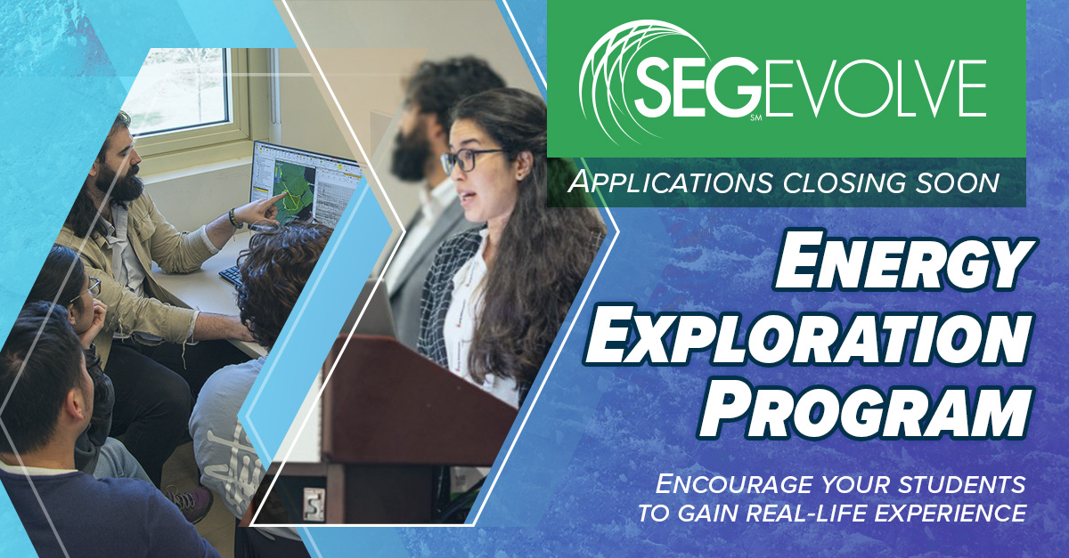 ⏳ The deadline is approaching! Applications close 14 Nov.

Registration is open for the SEG EVOLVE Energy Exploration program! 

This virtual mentorship program helps you build foundational skills to solve real-world challenges in oil, gas, and geothermal energy while addressing