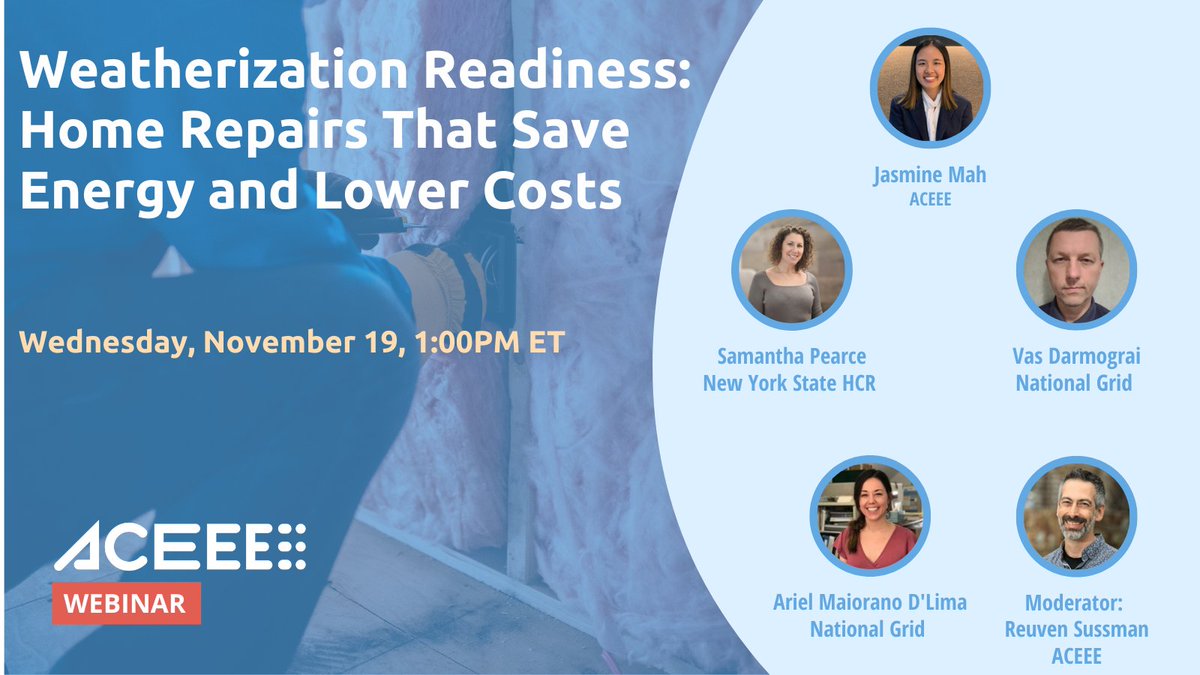 ACEEEdc's tweet image. How can repairs help income-eligible households access energy efficiency upgrades? 

Join our webinar for a discussion on potential energy savings and repair strategies for delivering energy efficiency benefits to income-eligible households. 
us06web.zoom.us/webinar/regist…