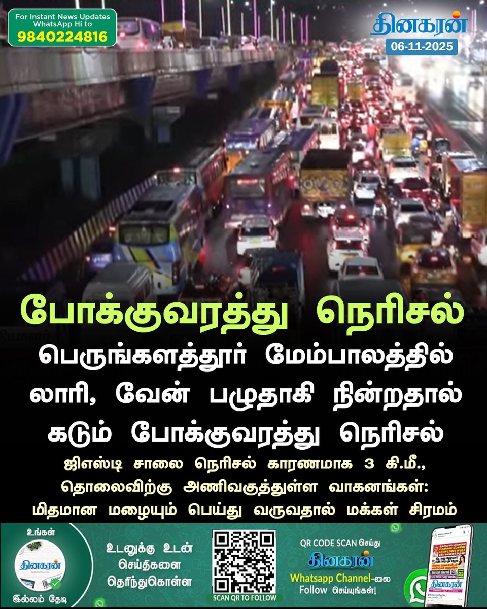 DinakaranNews's tweet image. பெருங்களத்தூர் மேம்பாலத்தில் லாரி, வேன் பழுதாகி நின்றதால் கடும் போக்குவரத்து நெரிசல்  

#DinakaranNews | #GSTRoad | #Traffic 

dinakaran.com/news/perungala…