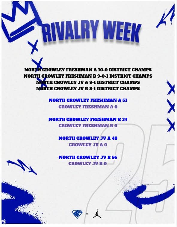 CONGRATULATIONS TO EVERY LEVEL ON WINNING THE DISTRICT CHAMPIONSHIP AND UPHOLDING THE STANDARD HERE AT NORTH CROWLEY HIGH SCHOOL. YOUR HARD WORK, DISCIPLINE, AND UNITY HAVE PAID OFF. LET'S CELEBRATETHIS ACHIEVENMENT AND KEEP BUILDING MOMENTUM FOR WHAT'S NEXT!

#817