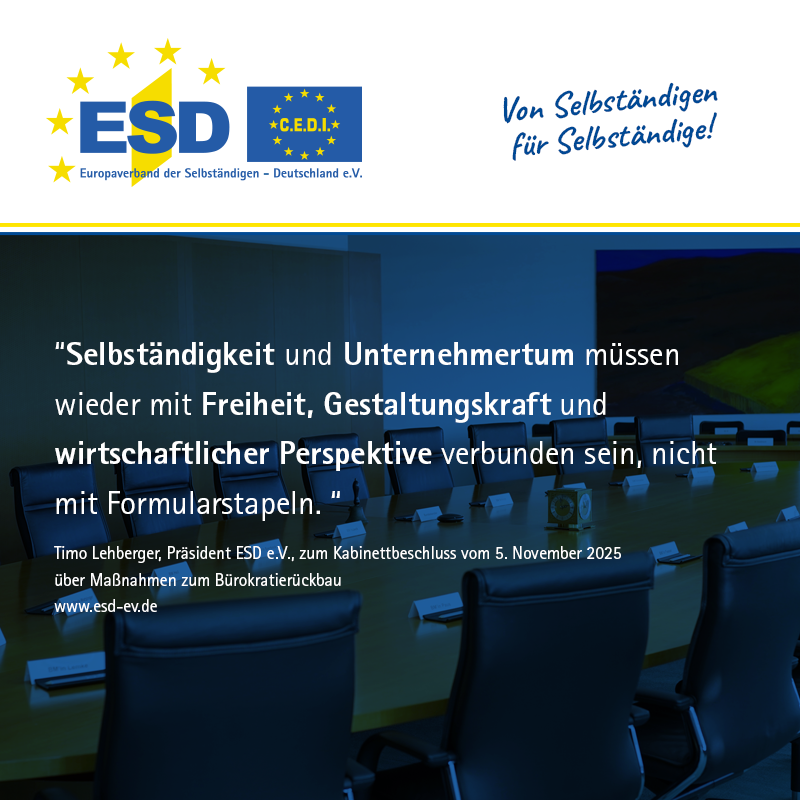 Viele Selbständige verbringen mehr Zeit mit Formularen als mit ihrer eigentlichen Arbeit.

Wir brauchen Entlastungen, die im Alltag wirken.

Zur ESD-Stellungnahme: bit.ly/4oBjTMX

#ESDeV #Selbständige #KMU #Mittelstand