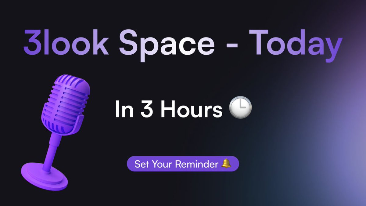 🎙 3 hours before we go live 

We'll share what's next for 3look, talk about creator economy as a whole, and reward the community  💎

- 100 $APE to the most active speaker from the crowd
- 75 $APE x2 to random listeners (remember to Like + RT the pinned 👀)

Set your reminder