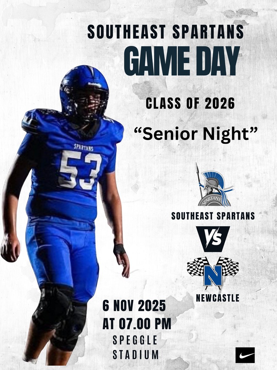 Last ride seniors! Leave it all on the field tonight. Come out and support your spartans, let’s pack out Speegle. Win or go home! 

Southeast 🆚 Newcastle 
📅 Thursday, November 6th 
⏰ 7:00 PM
📍 Speegle Stadium
🎟️ shorturl.at/9CDQL
📺 shorturl.at/Eqm5K