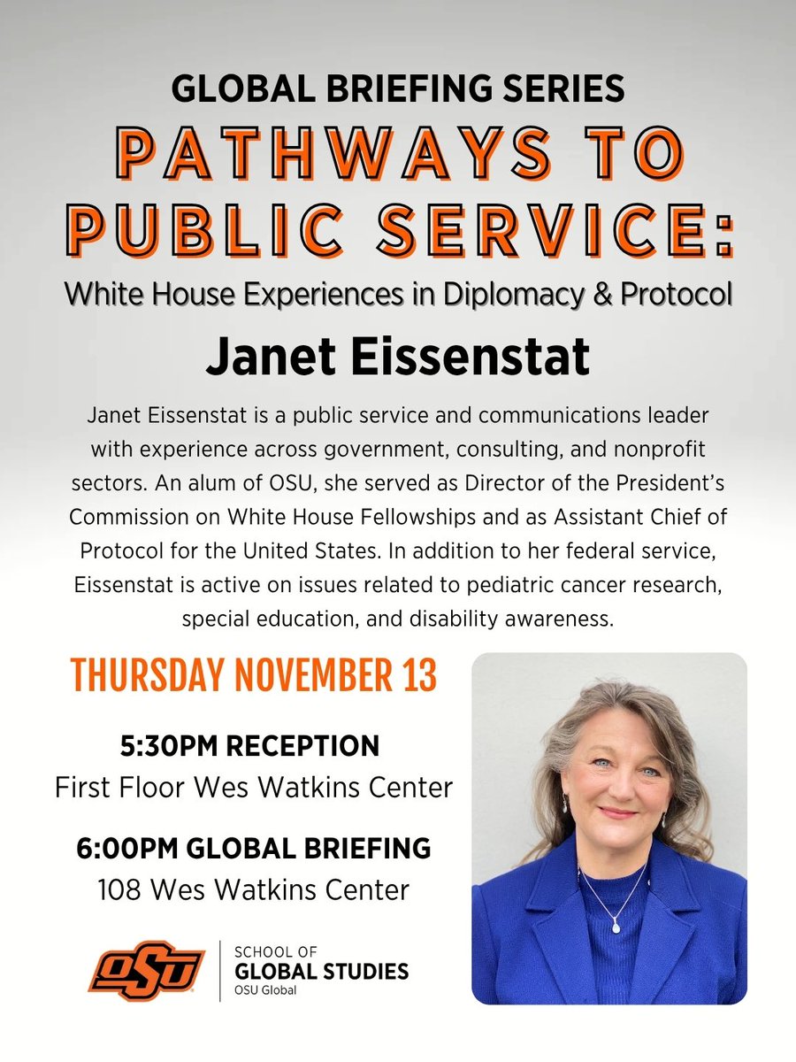 Ready to explore diplomacy on the global stage? 🌍 Join us on Thursday, November 13 for our next GBS with OSU alumna Janet Eissenstat, a communications and public affairs leader with experience in senior roles at the White House and U.S. Department of State.
#GloballyOrange