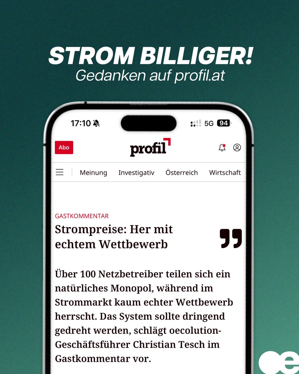 jimmytesch's tweet image. Markt oder Monopol?
Ist: Über 100 Betreiber im Netz-Monopol, weniger als 40 am Strommarkt.
Soll: Koordinierte Planung durch Netz-Zusammenlegung, echter Wettbewerb bei Strom, zu Anbieterwechsel motivieren.
Mehr auf @profilonline:
profil.at/meinung/stromp…