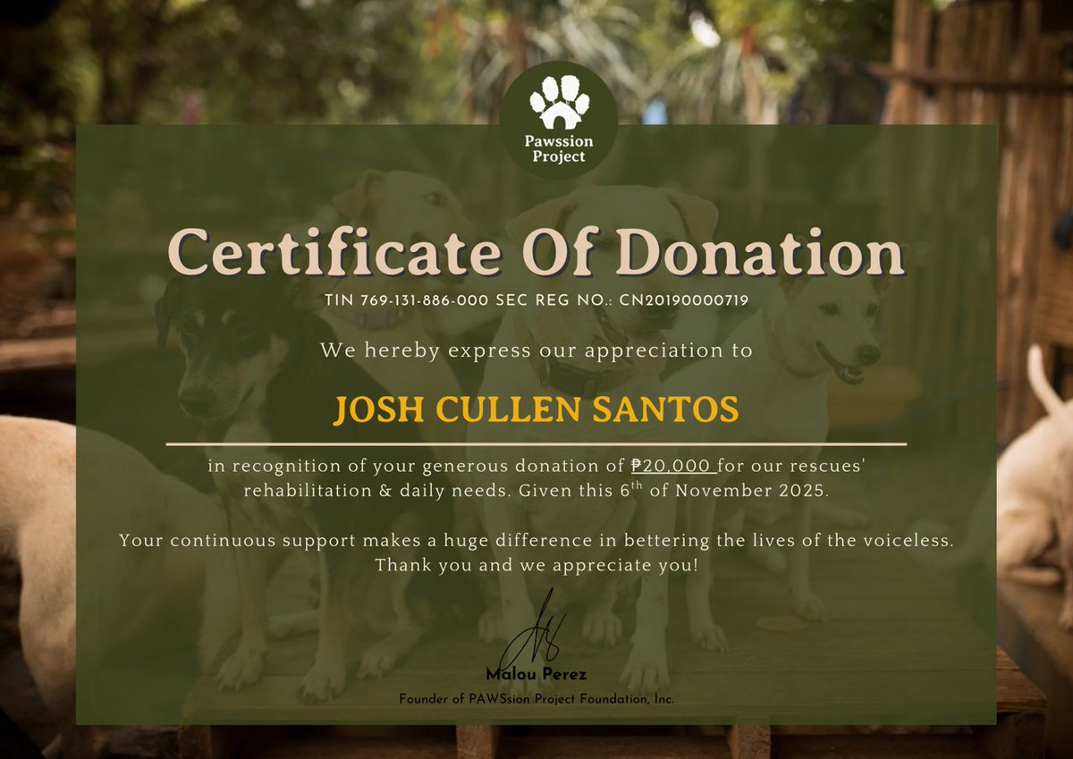 TheCullensPH's tweet photo. We’re happy to share that we’ve officially received our Certificate of Donation from @pawssionproject! 

A huge thank you to everyone who supported #IBUBUPAWS. Your love and generosity continue to save lives. 🐶❤️

#JOSHCULLEN @JoshCullen_s https://t.co/nreUDWUqRm