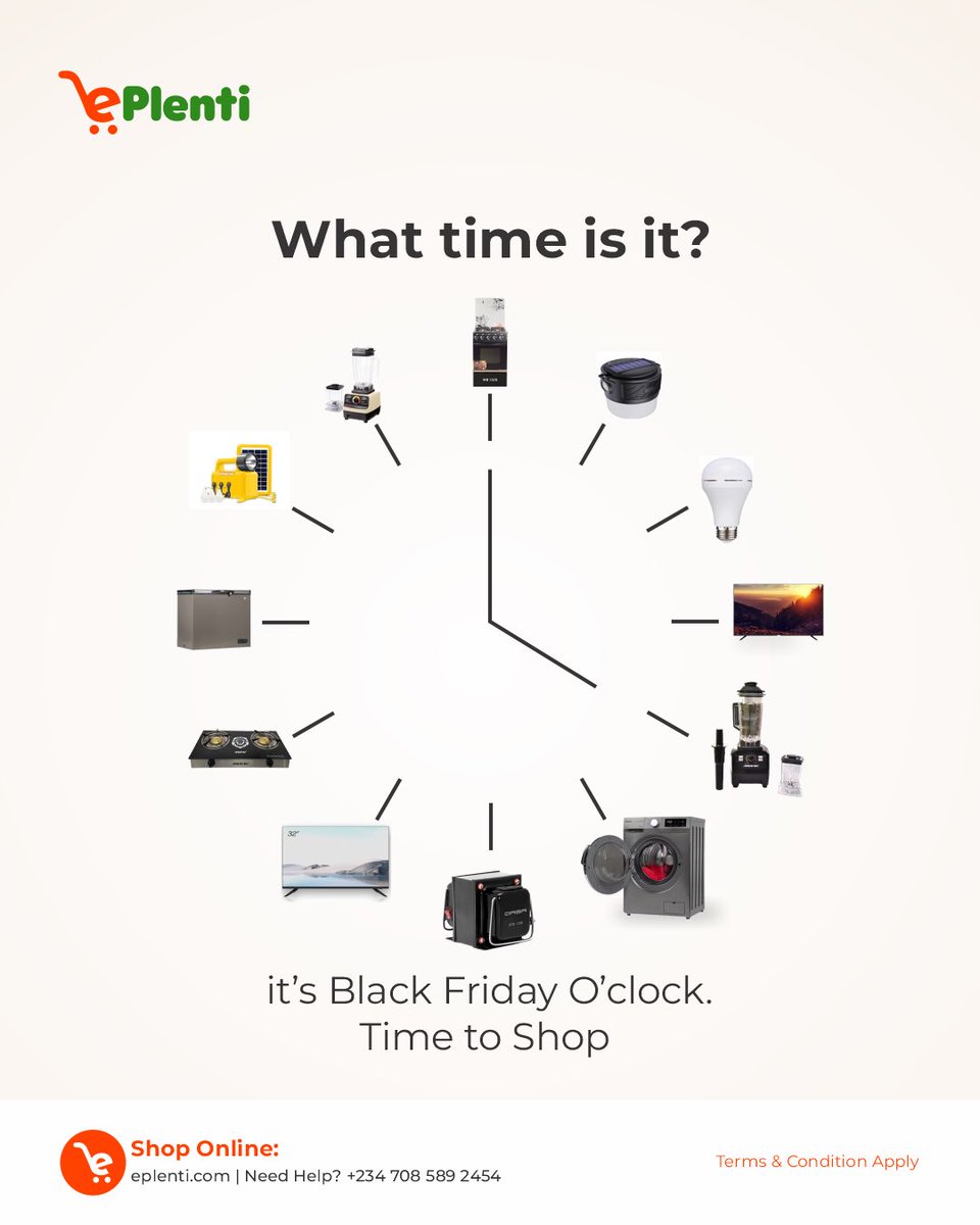 Eplenti_ngr's tweet image. What time is it? ⏰

It’s Black Friday O’clock! 💥

The clock’s ticking, the prices are dropping, aaaaand your favorite deals are waiting to be claimed. 🛒✨

#ePlenti
#BlackFriday 
#DealTime 
#thepriceisrightnigeria