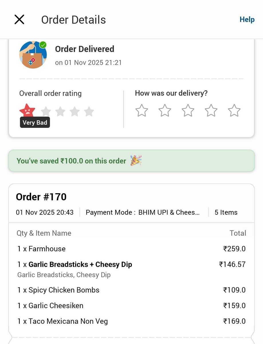 Chinmay_KB's tweet photo. @CareDominos Ordered from Domino’s on Nov 1. Delivery guy shows up 1 item short and assures me the store manager will “totally” refund it. Filed complaint #18345391, was promised a call. Fast forward 6 days with no call, no refund and  complaint is now magically “closed.”👏 https://t.co/59ru5LYWHf