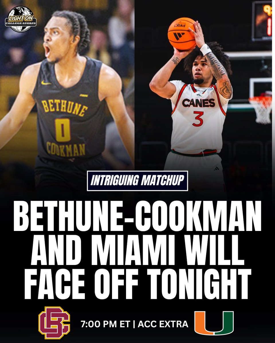 Bethune-Cookman and Miami will face off tonight 🍿👀

The Wildcats are coming off an impressive performance against No. 20 Auburn, which went to overtime.

Miami started the Coach Jai Lucas era off with a win over Jacksonville earlier this week.

Tonight’s game is set to start at