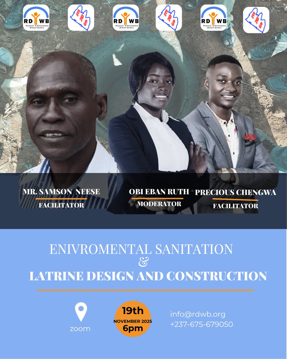 💧 World Toilet Day | Nov 19, 6 PM (Zoom)
Join RDWB &amp; ERSfor a webinar on sanitation &amp; low-cost latrine design in Cameroon!
💧On the Agenda
✅ Practical solutions
 ✅ Connect with WASH experts
 ✅ Drive real impact
👉 Register: forms.gle/1FAIpQLSdTzrrl…