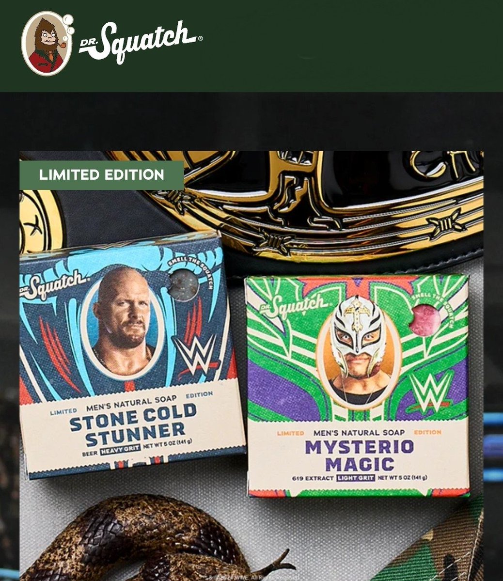 ThryllinDylan's tweet image. For real, @DrSquatchSoapCo is selling a @WWE &quot;Double Smackdown&quot; soap set. Featuring: 
• Steve Austin &quot;Beer Heavy Grit&quot;
• Rey Mysterio &quot;619 Extract Light Grit&quot;

If available in Canada, I&apos;d buy. But I don&apos;t see it on the Canadian website.