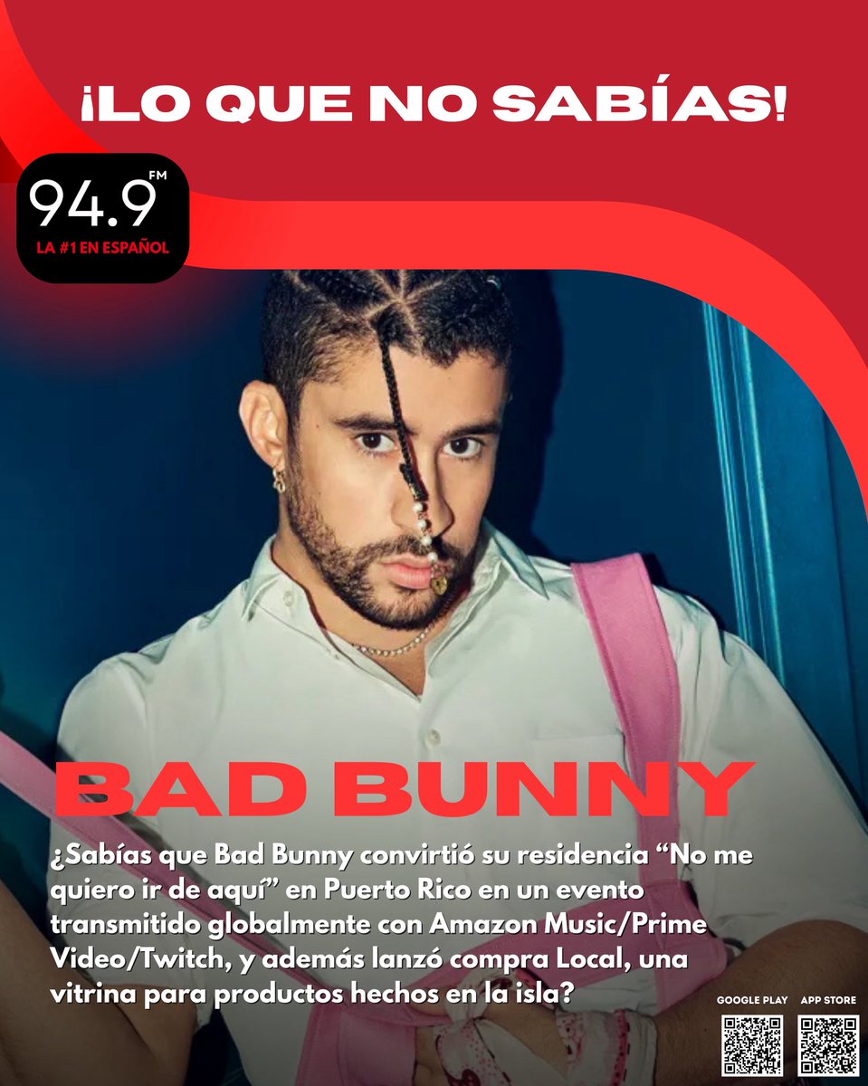 gitanaecuador's tweet image. 💡 ¿Sabías que Bad Bunny convirtió su residencia “No me quiero ir de aquí” en Puerto Rico en un evento transmitido globalmente con Amazon Music/Prime Video/Twitch, y además lanzó comPRa Local, una vitrina para productos hechos en la isla? 🇵🇷

❤️ ¿Qué tema del Conejo quieres oír?