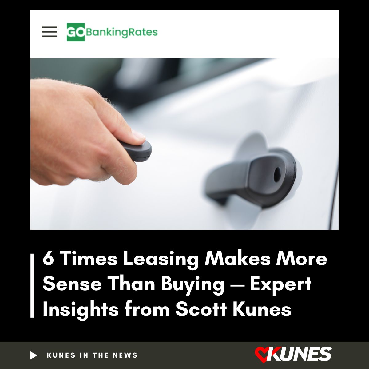 “Leasing gives you options, not obligations.” - Scott Kunes, COO of Kunes Auto and RV Group

Scott shares 6 times leasing may beat buying in today’s market with <a href="/GOBankingRates/">GOBankingRates</a> .

👉shopkunes.com/in-the-news 

#KunesAutoGroup #CarBuyingTips #LeasingVsBuying #AutoNews