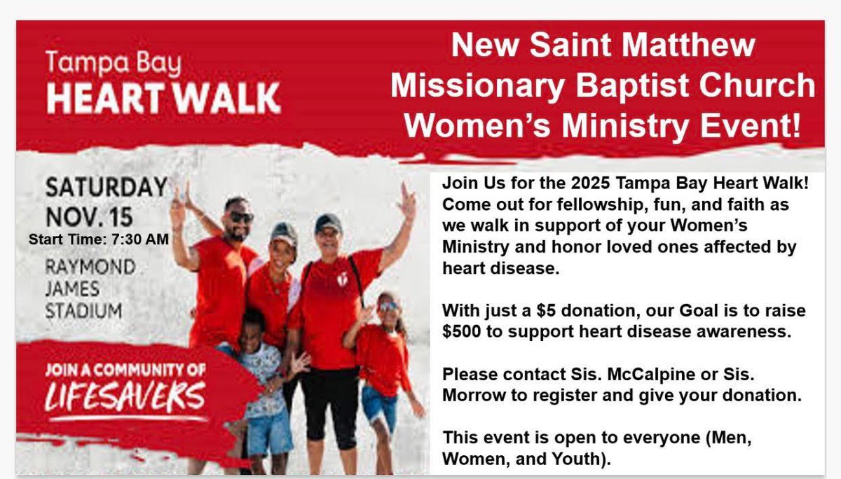 NSMatthew's tweet photo. All of us here at @NSMatthew are gearing up for the #TampaBayHeartWalk Saturday, Nov. 15 at 7:30 a.m. at Raymond James Stadium! Register and donate today! https://t.co/jUiLF9V8k0