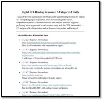 يعرض هذا الدليل -الموجود رابطه في الأسفل-قائمةً مصنفةً تضم 29 مصدرًا رقميًا مخصصًا لتنمية مهارة القراءة باللغة الإنجليزية. وتشمل هذه المصادر:
نصوصًا قرائية متدرجة حسب المستوى
تمارين تفاعلية لقياس الفهم القرائي
دروسًا تعليمية مدعومة بمحتوى مرئي
مواد أصيلة مستمدة من مواقف الحياة
