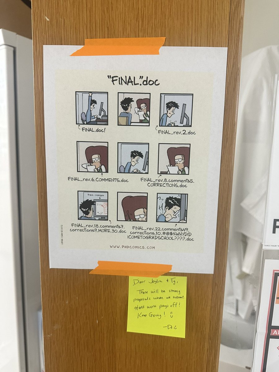 the_carter_show's tweet photo. The grad students are in the throes of grant writing. I posted this on the lab door to keep morale up. 😅😇😬
 
 Remember, if your file name has twelve versions of “final,” you are doing it right. We’re almost to the finish line! Keep pushing! 😂📚📝 https://t.co/SbyapvAxz3