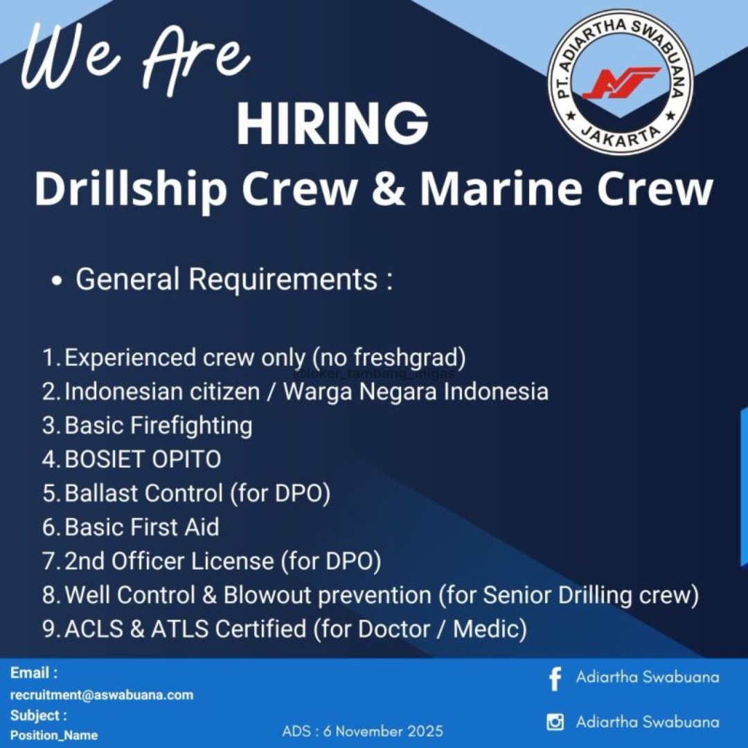 loker_minerba's tweet image. Peluang karir menanti! 🚀 Indrillco Hulu Energy (Accounting &amp;amp; Admin Staff), Merdeka Copper Gold (Accounting &amp;amp; Finance Ops Manager), &amp;amp; PT. Adiartha Swabuana (Drillship &amp;amp; Marine Crew) sedang mencari talenta terbaik. Geser ke kiri untuk detailnya! 👈 #LokerTerbaru #JobVacancy #Hire