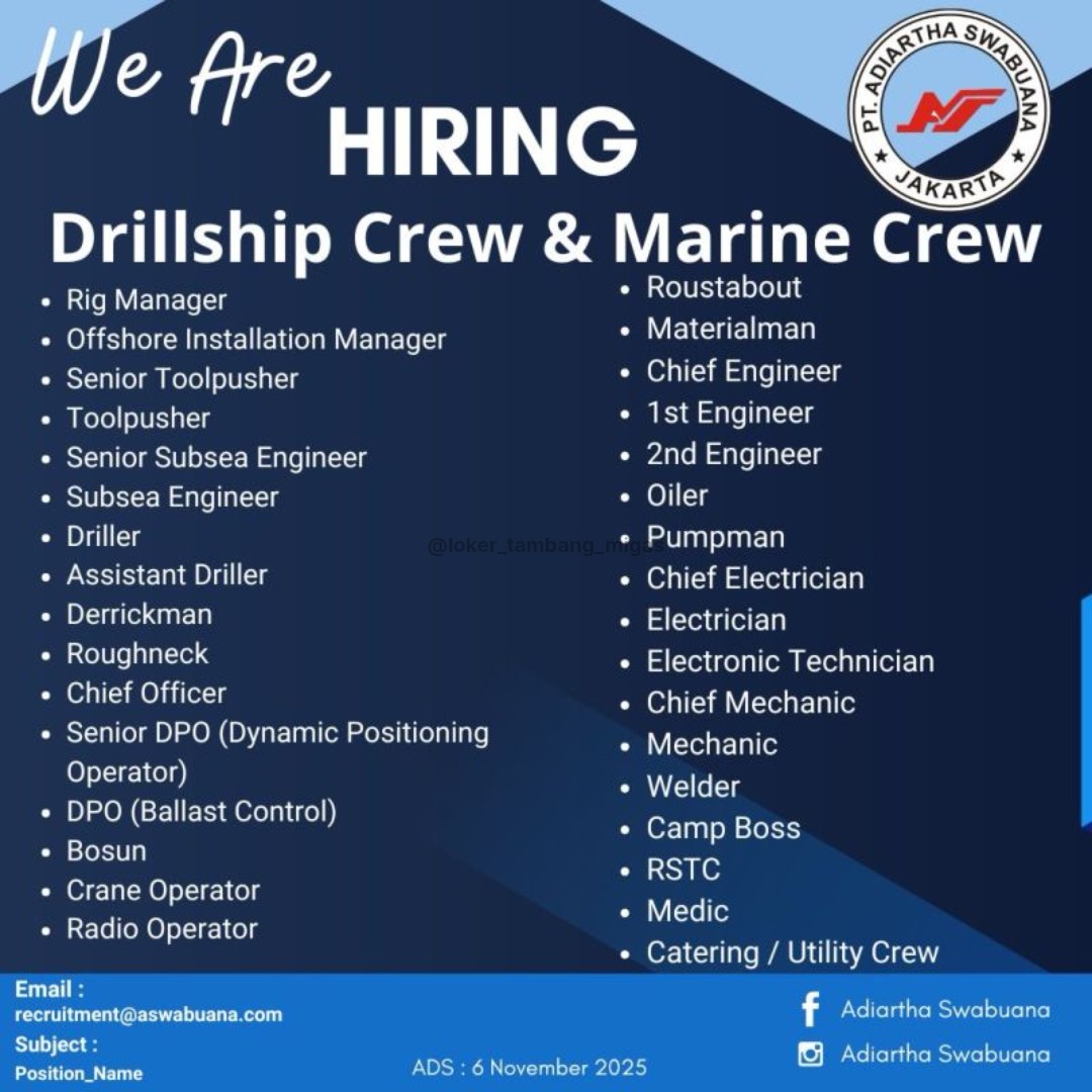 loker_minerba's tweet image. Peluang karir menanti! 🚀 Indrillco Hulu Energy (Accounting &amp;amp; Admin Staff), Merdeka Copper Gold (Accounting &amp;amp; Finance Ops Manager), &amp;amp; PT. Adiartha Swabuana (Drillship &amp;amp; Marine Crew) sedang mencari talenta terbaik. Geser ke kiri untuk detailnya! 👈 #LokerTerbaru #JobVacancy #Hire