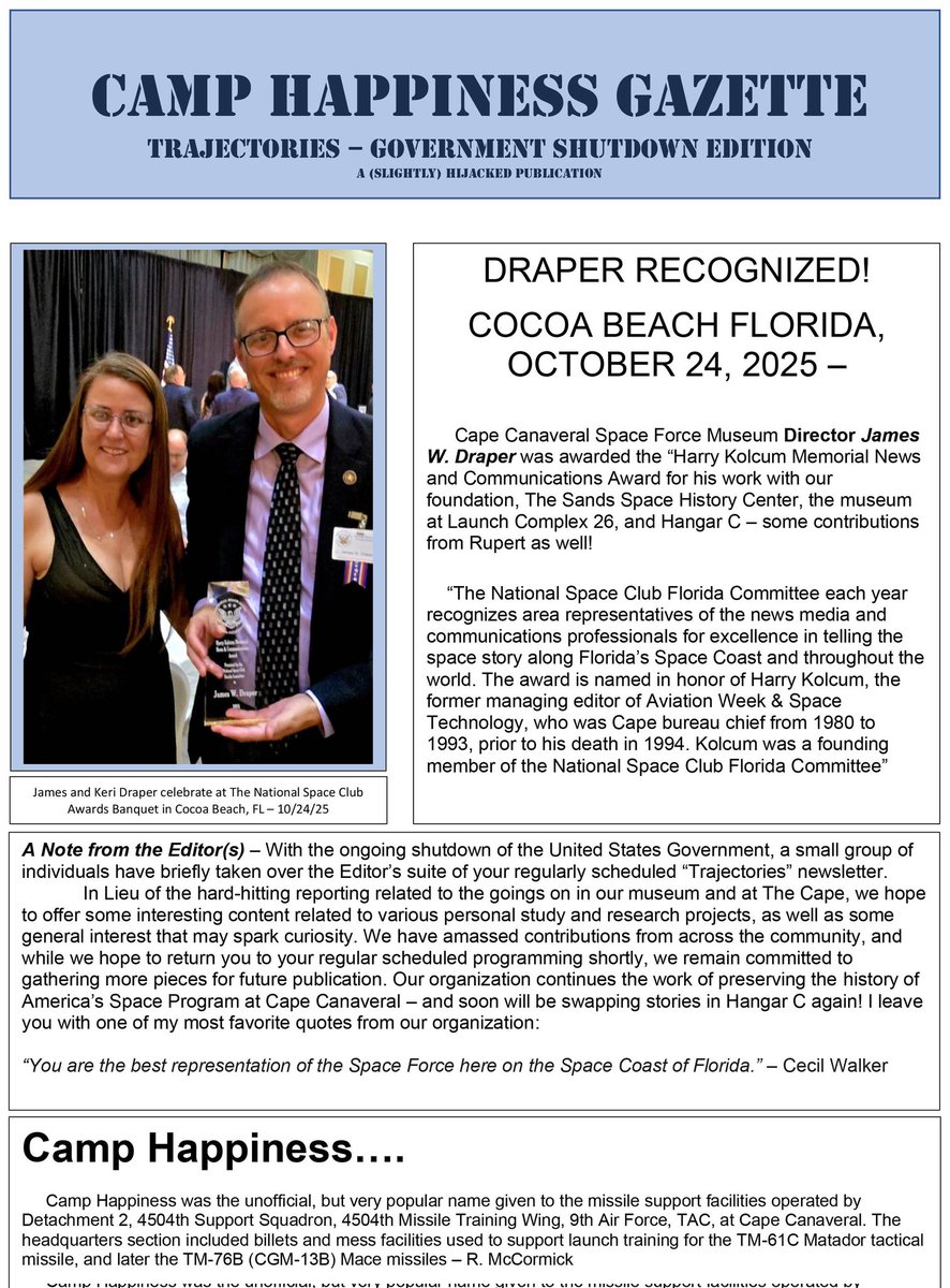 🚨 TOP SECRET TRANSMISSION 🚨
Rogue museum volunteers have hijacked the Trajectories newsletter to publish the Camp Happiness Gazette - a shutdown special packed with Cold War space tales &amp; cosmic mischief.

Read before it’s classified:
🔗 ccspacemuseum.org/wp-content/upl… 
<a href="/ccspacemuseum/">Cape Canaveral Space Force Museum</a>