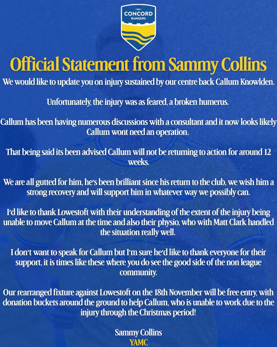 An update on Callum Knowlden⬇️

We wish you a speedy recovery Cal💛💙

#YAMC💛💙