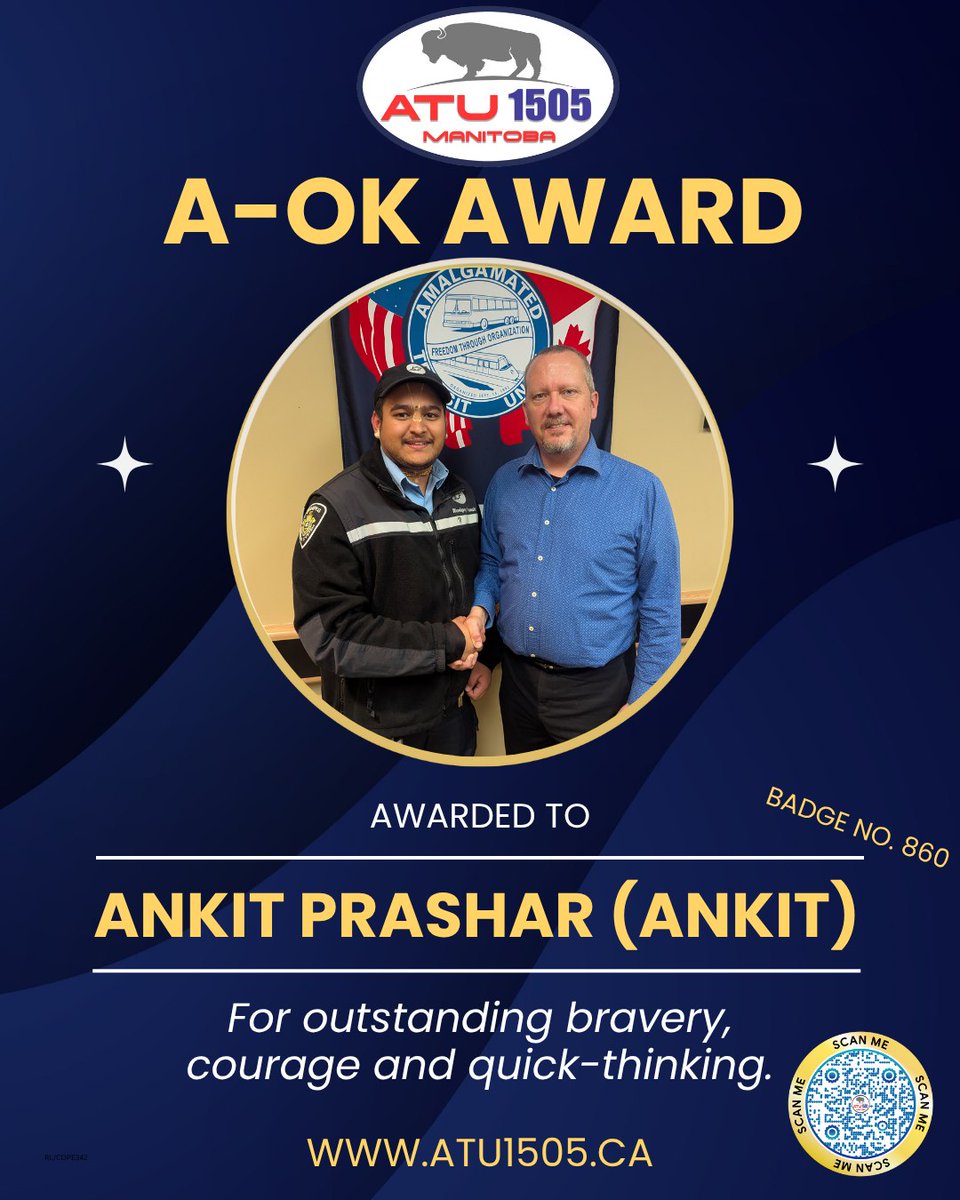 We join our Local 1505-Winnipeg, MB, in recognizing Brother Ankit Prashar for his brave actions last November. 

In between shifts he noticed a father and two young children attempting to cross the street, one in a stroller and the other walking. The one child slipped on black