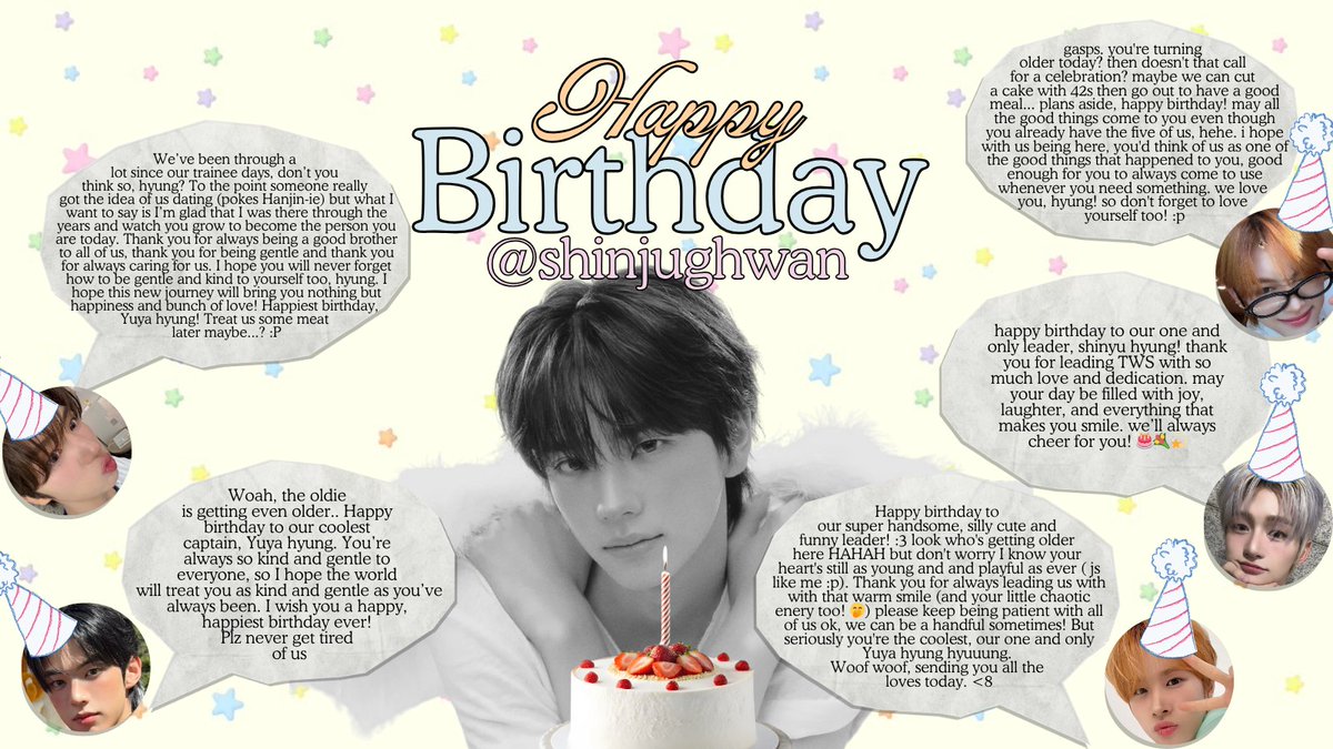 TwinklingWithUs's tweet photo. 생일 축하해요! Another year finished with much love. This time, the celebration of getting a year old is surrounded with your 5 little angels. Here are a few words from them!
#신유생일축하할시간은있고
#HAPPY_SHINYU_DAY https://t.co/2IzyCxTVdQ