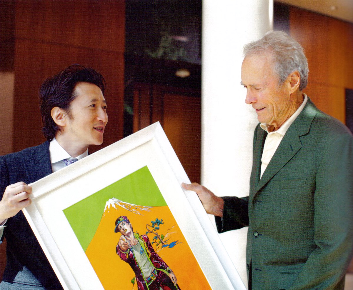 ByAraki's tweet photo. The famous pictures of Araki and Clint Eastwood, with Eastwood recreating the pose that inspired Jotaro’s iconic one.
From JOJOmenon, 2012. https://t.co/ZGULLGkygU