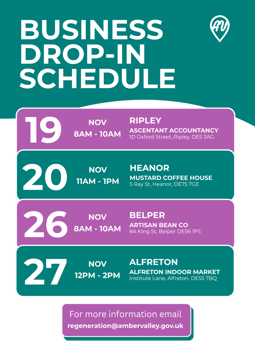 Calling all #AmberValley based business owners 📢
Free drop in sessions later this month with a variety of support providers on hand (including Chamber Business Adviser Cat Walls) to help you with business growth, training, funding, and start up advice.

<a href="/AmberValleyBC/">Amber Valley Borough Council</a>