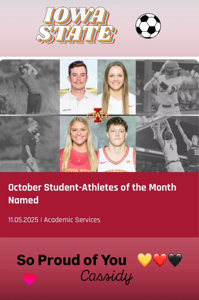 Congrats Cassidy! Keep working hard!!❤️💛🖤⚽️📚 ⁦<a href="/CassidyCorcion1/">Cassidy Corcione</a>⁩ ⁦⁦<a href="/cycloneSCR/">Iowa State Soccer</a>⁩