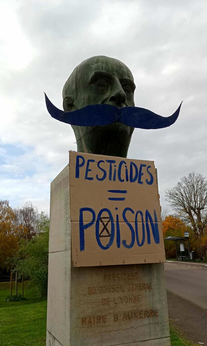 🧔💙 Extinction Rebellion #Auxerre fait pousser la moustache aux statues pour #Movember pour sensibiliser aux cancers masculins 💙
🌱 Santé des hommes = santé de la planète.
Pollution, pesticides, perturbateurs endocriniens : nos corps sont contaminés.
Changeons de régime !