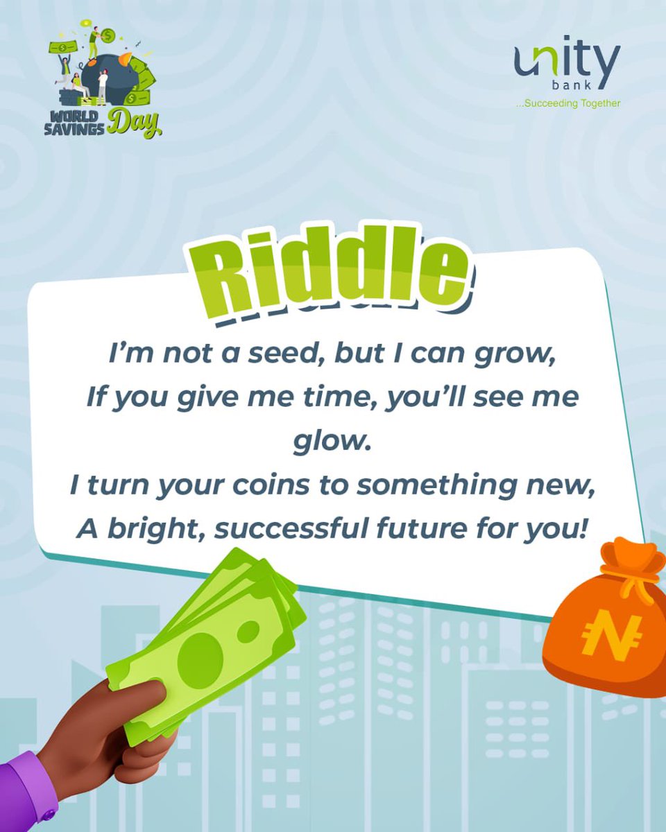 UnityBankPlc's tweet image. Can you solve this savings mystery? 
Drop your answers in the comment section 

How to participate 👇

1. Answer correctly 
2. Follow @unitybankplc on all social media platforms 
3. Make sure your kids have a GenFi account.

Be among the fastest fingers! 

#WorldSavibgsDay…
