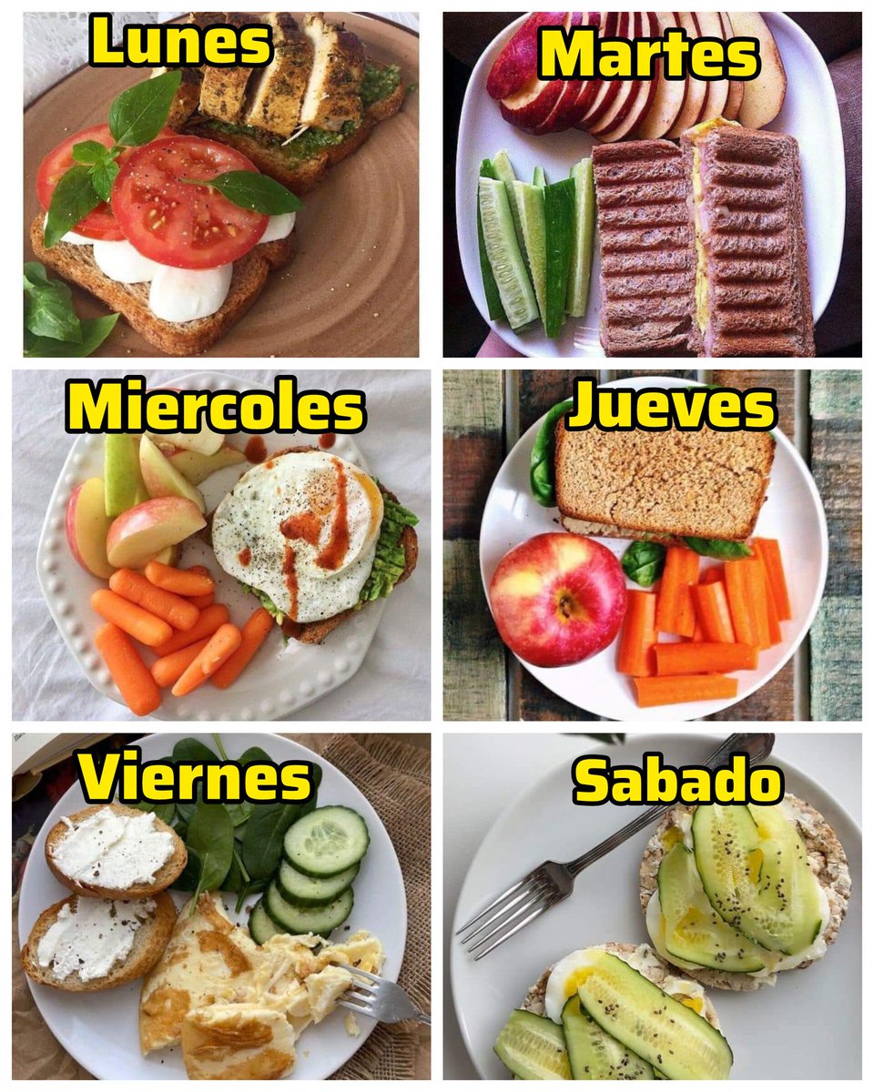 NutriologoGiron's tweet photo. Almuerzos saludables 

LUNES
-Queso panela
-Pan de caja
-Pechuga
-Aguacate

MARTES
-Sándwich de huevo
-Manzana
-Pepinos

MIERCOLES
-Toast de huevo con  Aguacate y pan
-Manzana
-Zanahoria

JUEVES
-Sándwich de queso panela
-Espinaca
-Manzana

VIERNES 
-Pechuga 
-Queso
-Verduras

SABADO
-Galletas de arroz
-Huevo cocido
-Aguacate y pepino